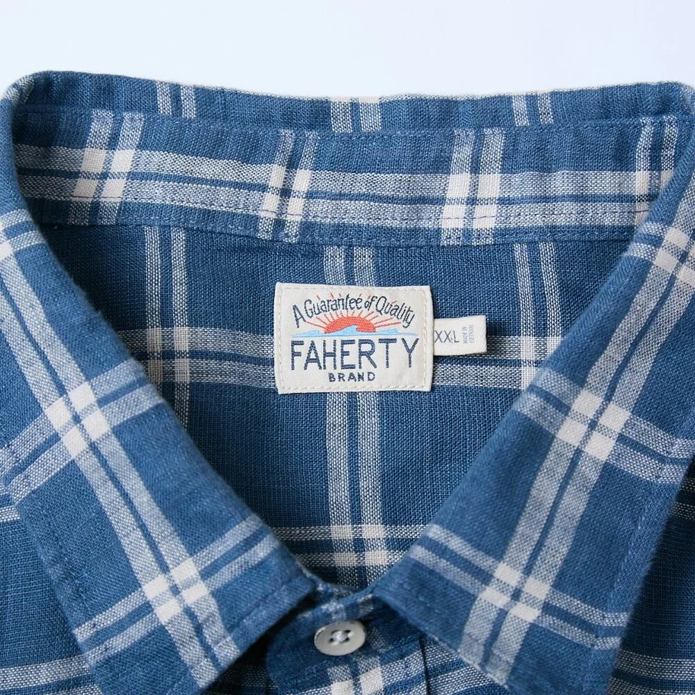 Faherty Laguna 100% Linen Nightfall Plaid Button Down Blue Shirt XXL